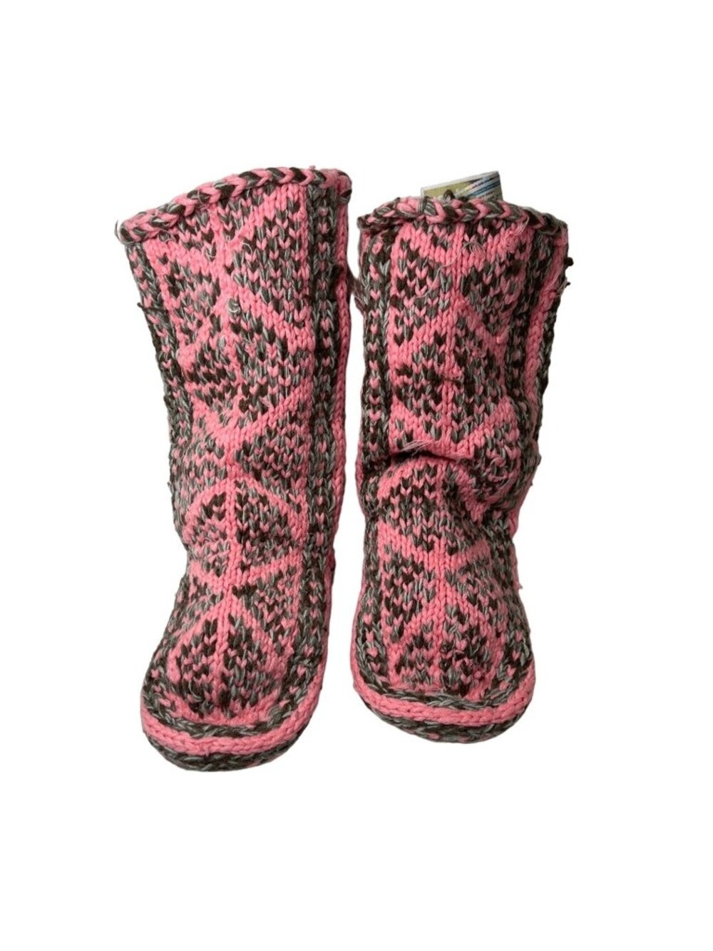 Handmade Pink and Gray Knitted Slippers High Calf Size 7 17d